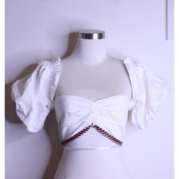 Herencia White Peasant Poof Sleeve Crop Top - Small - Picture 1 of 6